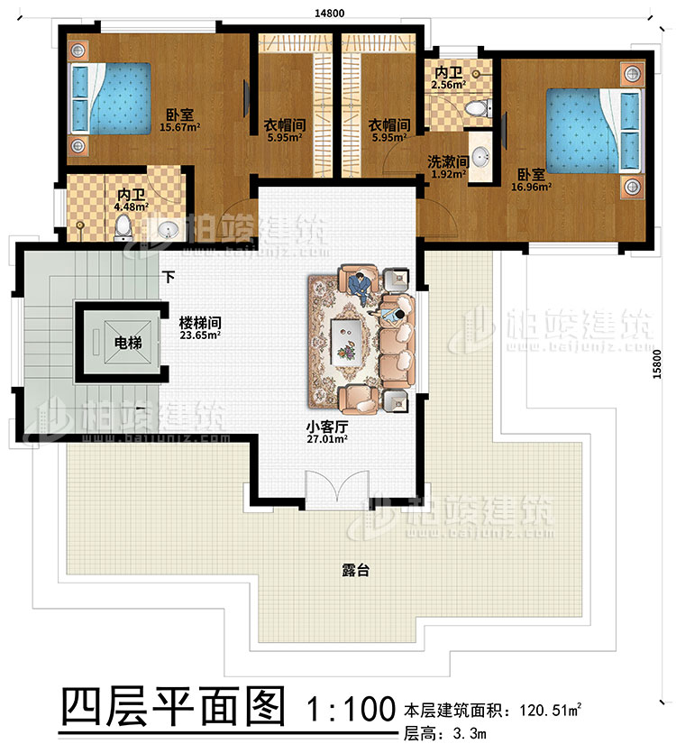 四層：2臥室、2衣帽間、2內(nèi)衛(wèi)、樓梯間、電梯、小客廳、露臺