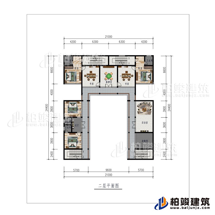 二層：棋牌室、2書房、活動室、雜物間、4臥室、4內(nèi)衛(wèi)、過廊