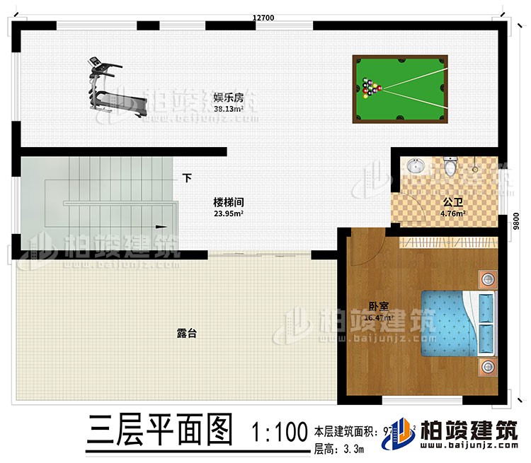 三層：娛樂室、樓梯間、公衛(wèi)、臥室、露臺