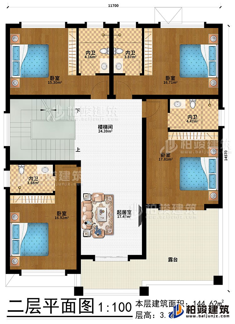 二層：起居室、樓梯間、4臥室、4內(nèi)衛(wèi)、露臺