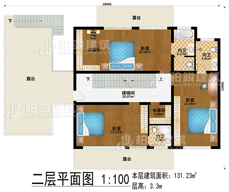 二層：樓梯間、3臥室、衣帽間、布草間、3內(nèi)衛(wèi)、3露臺