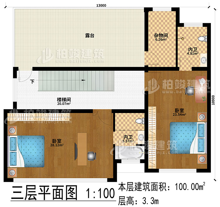 三層：2臥室、樓梯間、露臺、2內(nèi)衛(wèi)、雜物間