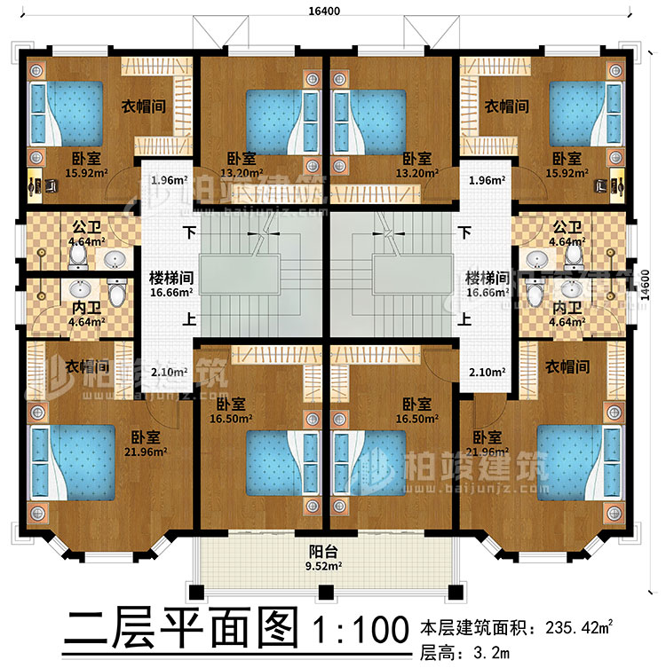 二層：2樓梯間、8臥室、4衣帽間、2公衛(wèi)、2內(nèi)衛(wèi)、陽臺