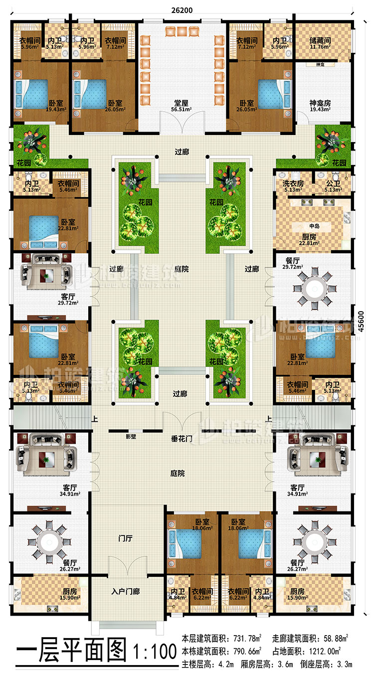 一層：入戶門廊、門廳、3餐廳、3廚房、3客廳、堂屋、神龕、神龕房、儲物間、6花園、4過廊、2庭院、影壁、垂花門、中島、洗衣房、公衛(wèi)、8臥室、8衣帽間、8內(nèi)衛(wèi)