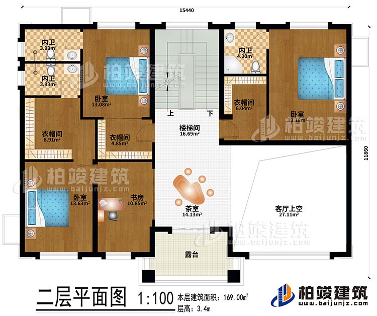 二層：茶室、樓梯間、客廳上空、3臥室、3衣帽間、書(shū)房、3內(nèi)衛(wèi)、露臺(tái)