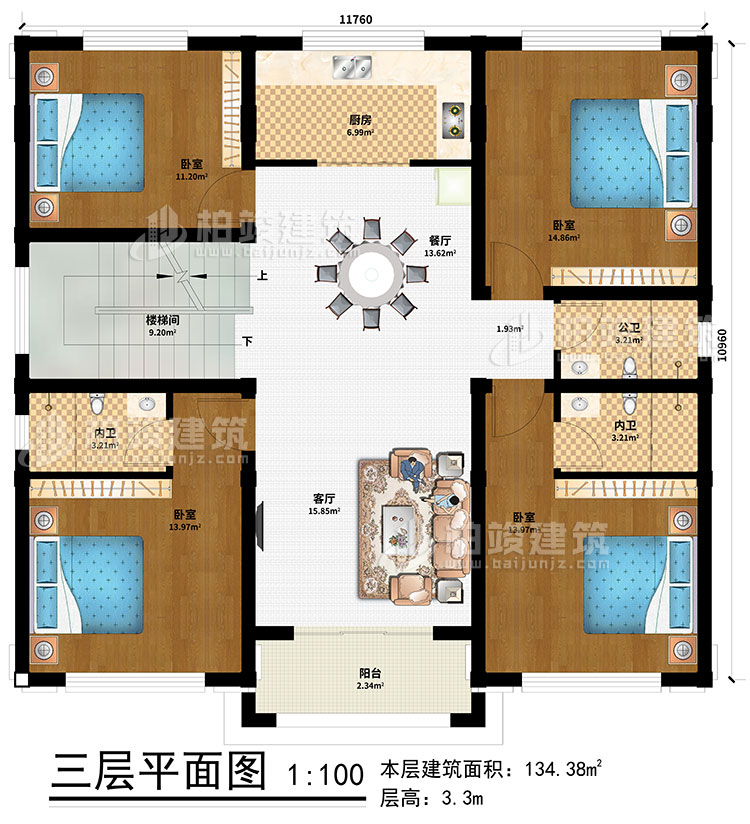 三層：樓梯間、客廳、餐廳、廚房、4臥室 、公衛(wèi)、2內(nèi)衛(wèi)、陽臺