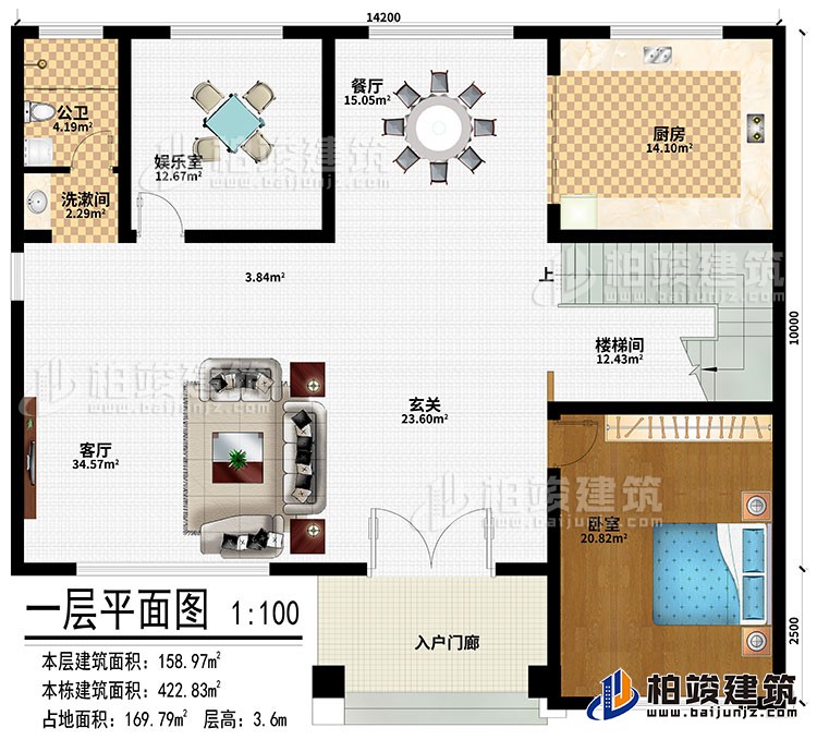 一層：入戶門廊、玄關、客廳、餐廳、廚房、娛樂室、樓梯間、臥室、洗漱間、公衛(wèi)