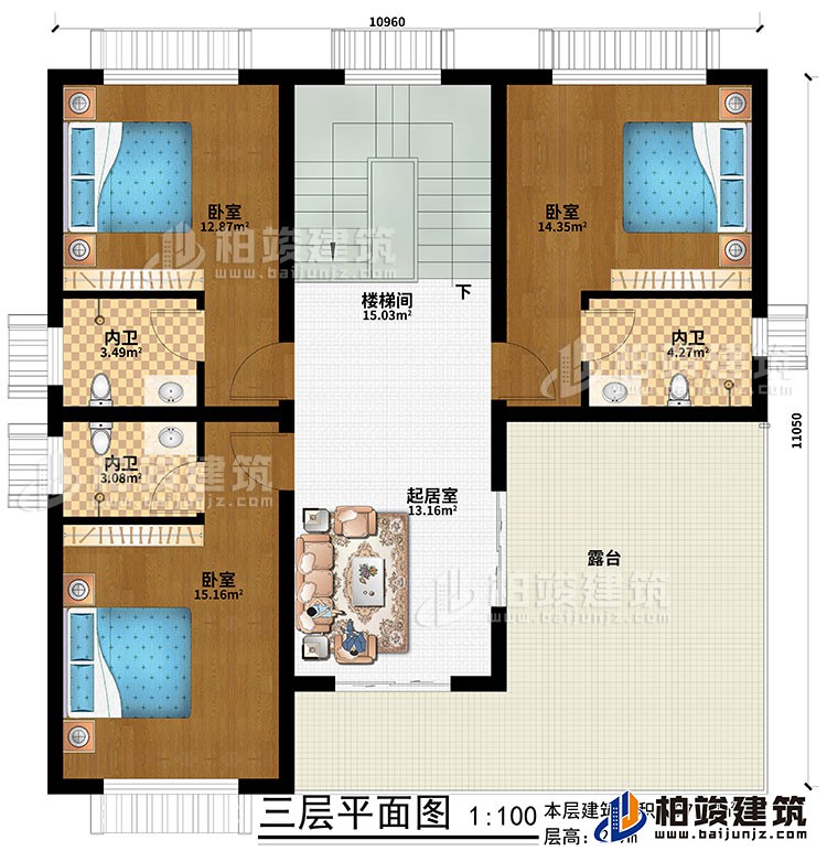 三層：起居室、樓梯間、3臥室、3內(nèi)衛(wèi)、露臺