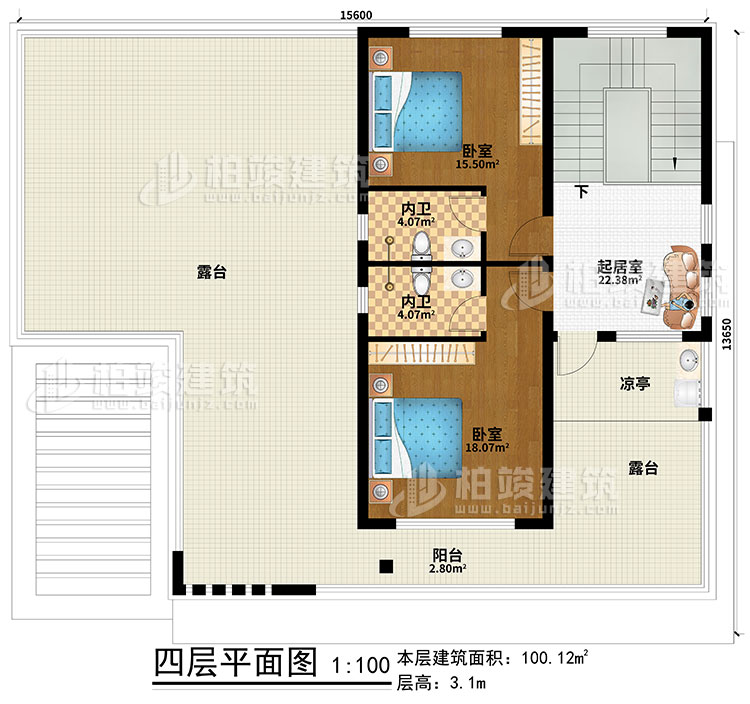 四層：起居室、2臥室、2內(nèi)衛(wèi)、涼亭、陽(yáng)臺(tái)、2露臺(tái)