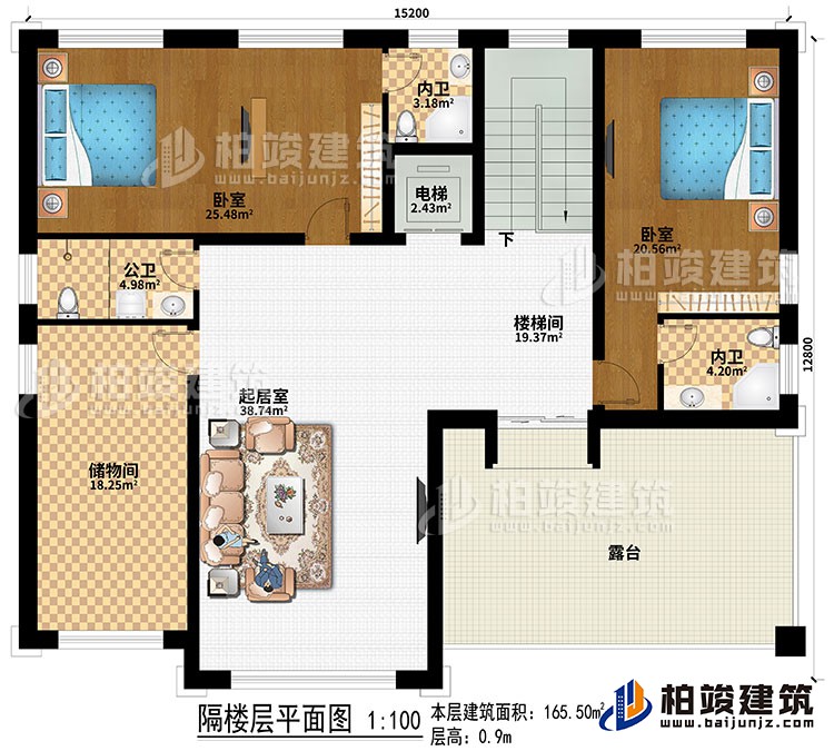 閣樓：2臥室、電梯、樓梯間、起居室、儲物間、公衛(wèi)、2內衛(wèi)、露臺