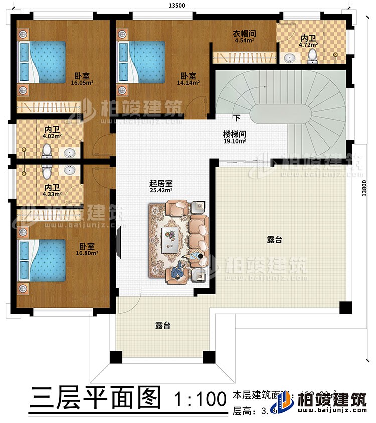 三層：樓梯間、起居室、3臥室、衣帽間、3內(nèi)衛(wèi)、2露臺