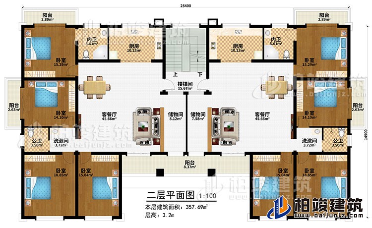 二層：樓梯間、2客餐廳、2儲物間、2廚房、8臥室、5陽臺、2內(nèi)衛(wèi)、2公衛(wèi)、2洗漱間