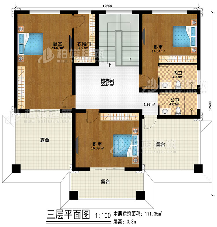 三層：樓梯間、3臥室、公衛(wèi)、內(nèi)衛(wèi)、3露臺(tái)、衣帽間