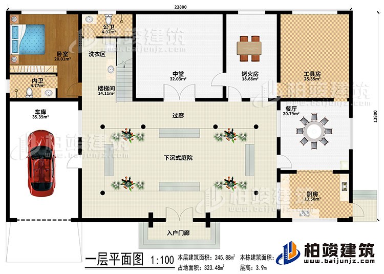 一層：入戶門廊、下沉式庭院、樓梯間、洗衣區(qū)、中堂、烤火房、工具房、餐廳、廚房、車庫、臥室、內(nèi)衛(wèi)、過廊