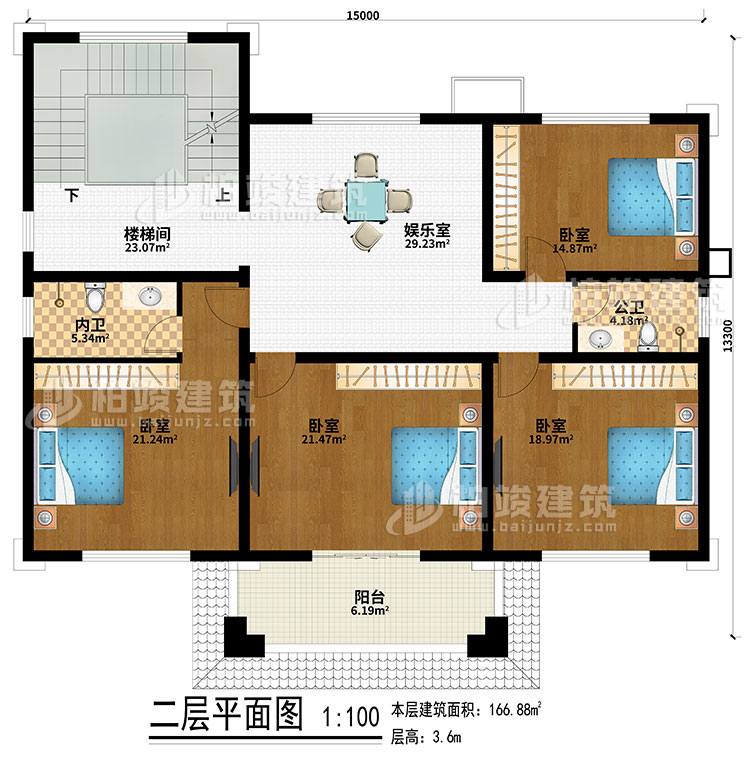 二層：樓梯間、娛樂(lè)室、4臥室、公衛(wèi)、內(nèi)衛(wèi)、陽(yáng)臺(tái)