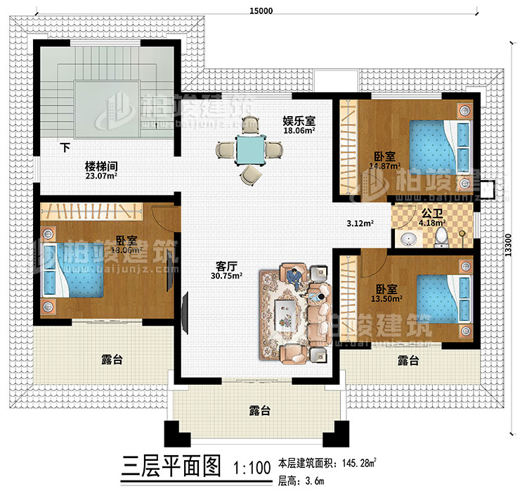 三層：娛樂(lè)室、樓梯間、客廳、3臥室、公衛(wèi)、3露臺(tái)