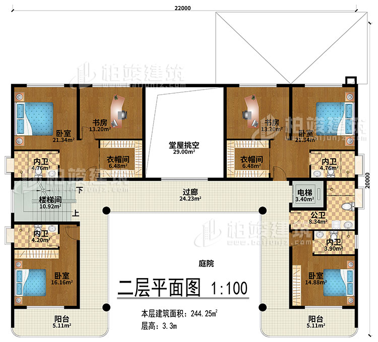 二層：堂屋挑空、過廊、樓梯間、電梯、4臥室、2衣帽間、2書房、4內(nèi)衛(wèi)、公衛(wèi)、2陽臺