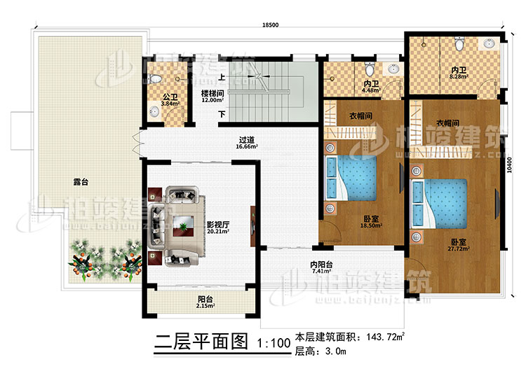 二層：樓梯間、過道、內陽臺、影視廳、2臥室、2衣帽間、陽臺、露臺、公衛(wèi)、2內衛(wèi)