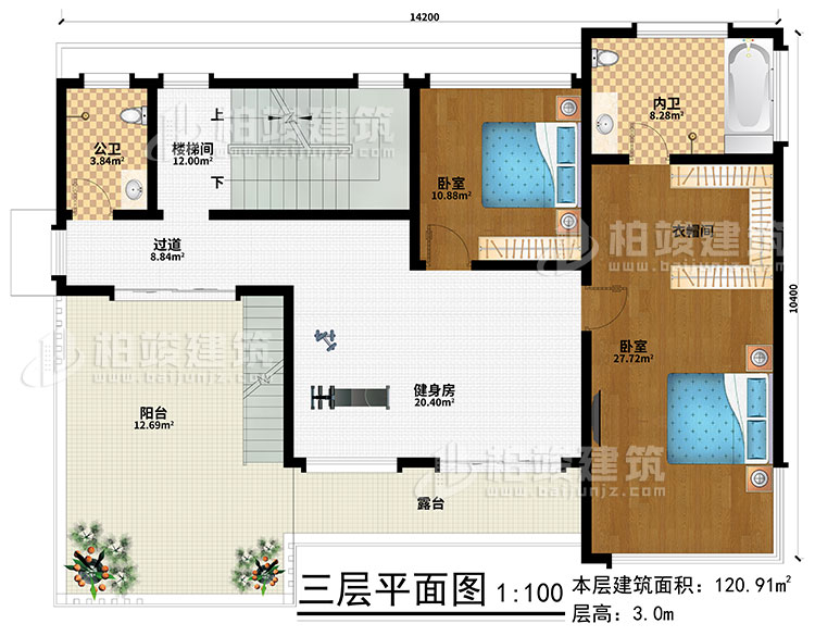 三層：健身房、樓梯間、2臥室、衣帽間、過道、公衛(wèi)、內衛(wèi)、陽臺、露臺