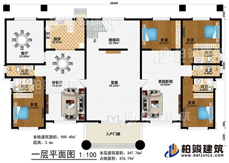 一層：入戶門廊、堂屋、客餐廳、餐廳、廚房、樓梯間、4臥室、2公衛(wèi)、3內(nèi)衛(wèi)、家庭影院