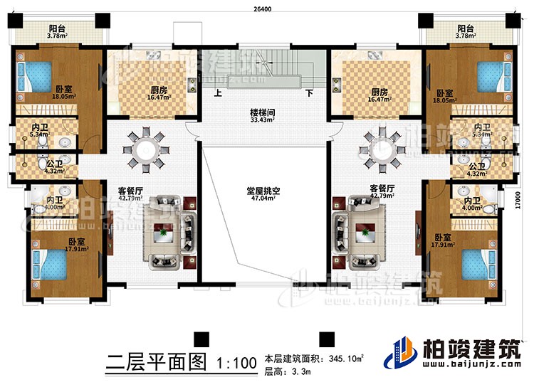 二層：堂屋挑空、樓梯間、2廚房、2客餐廳、4臥室、2公衛(wèi)、4內(nèi)衛(wèi)、2陽(yáng)臺(tái)