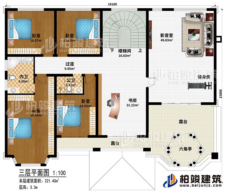 三層：樓梯間、書房、過道、4臥室、公衛(wèi)、內(nèi)衛(wèi)、影音室、健身房、2露臺、六角亭