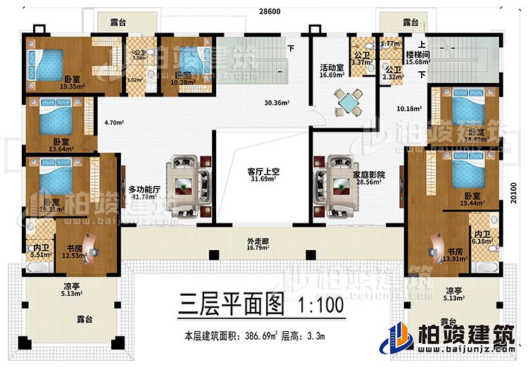 三層：多功能廳、客廳上空、家庭影院、6臥室、2書房、活動(dòng)室、3公衛(wèi)、2內(nèi)衛(wèi)、4露臺(tái)、2涼亭、外走廊、樓梯間