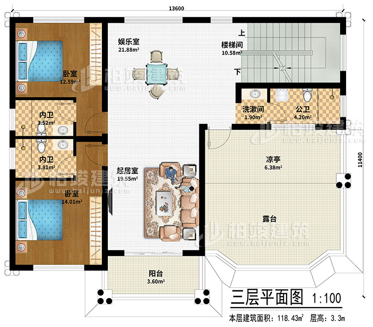 三層：起居室、娛樂室、樓梯間、2臥室、洗漱間、公衛(wèi)、2內(nèi)衛(wèi)、涼亭、陽臺、露臺