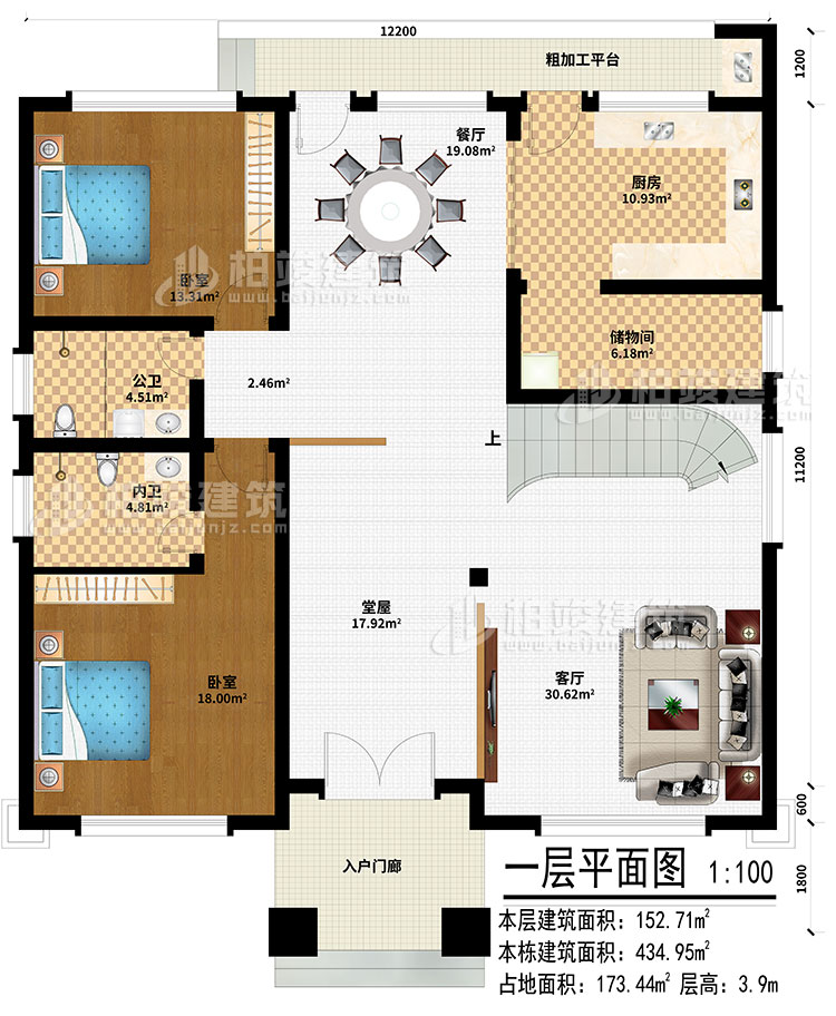 一層：入戶門廊、堂屋、客廳、餐廳、廚房、儲物間、2臥室、公衛(wèi)、內(nèi)衛(wèi)、粗加工平臺