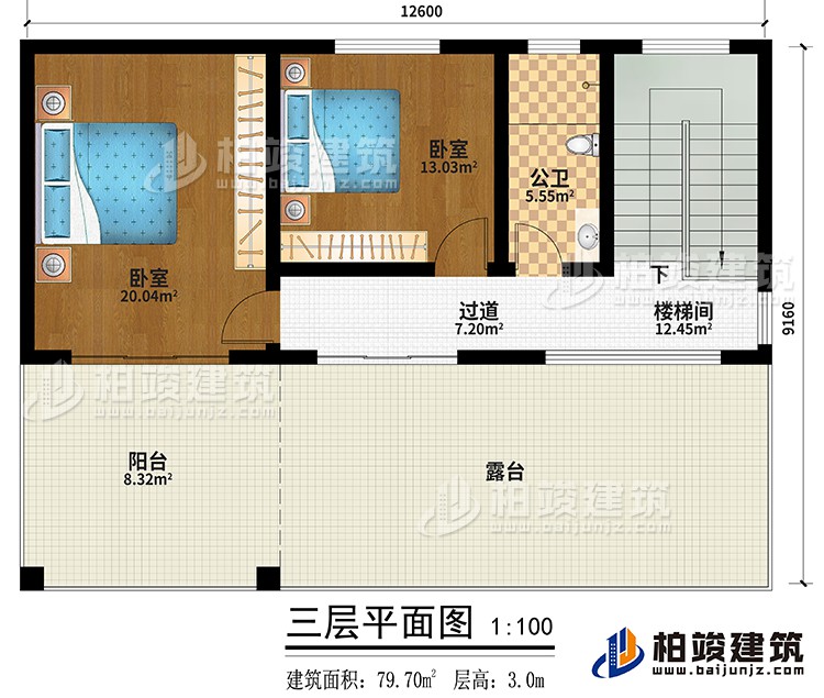 三層：過道、樓梯間、2臥室、公衛(wèi)、陽臺(tái)、露臺(tái)