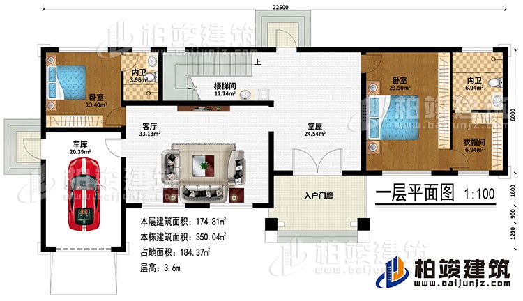 一層:入戶門廊、堂屋、客廳、車庫、樓梯間、2臥室、衣帽間、2內(nèi)衛(wèi)