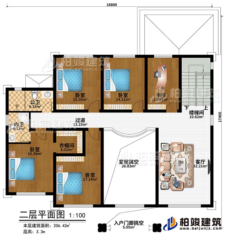 二層：樓梯間、客廳、堂屋挑空、入戶門廊挑空、4臥室、衣帽間、書房、公衛(wèi)、內(nèi)衛(wèi)