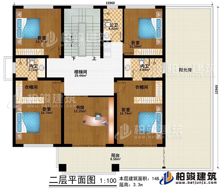 二層：樓梯間、4臥室、書房、2衣帽間、公衛(wèi)、2內(nèi)衛(wèi)、陽臺、陽光房