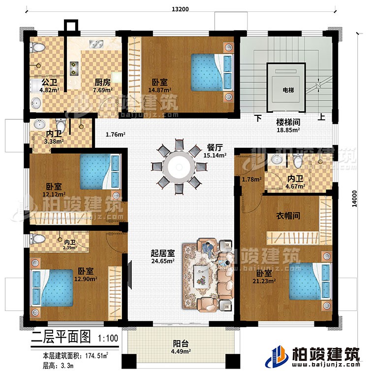 二層：電梯、樓梯間、餐廳、廚房、起居室、4臥室、衣帽間、3內(nèi)衛(wèi)、公衛(wèi)、陽臺(tái)