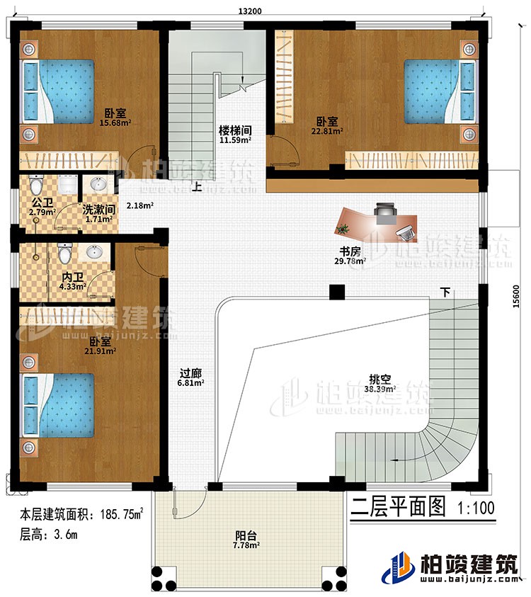 二層：挑空、過(guò)道、書房、樓梯間、3臥室、洗漱間、公衛(wèi)、內(nèi)衛(wèi)、陽(yáng)臺(tái)