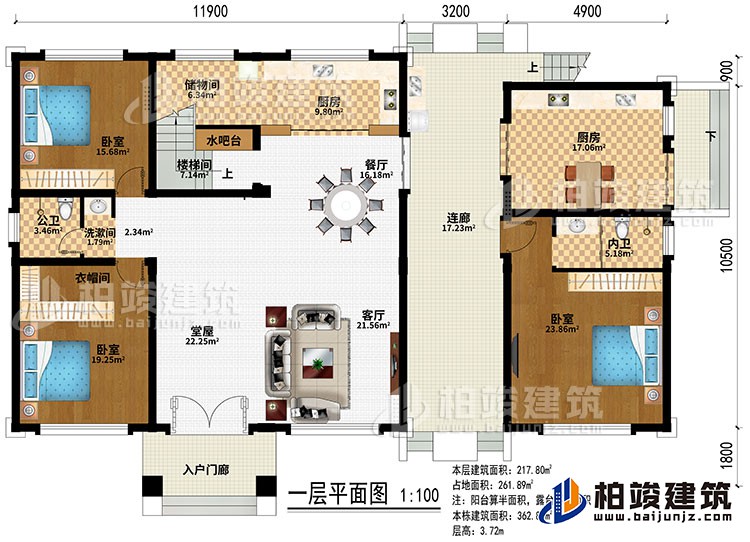 一層：入戶門廊、堂屋、客廳、餐廳、2廚房、儲物間、水吧、3臥室、衣帽間、洗漱間、公衛(wèi)、內(nèi)衛(wèi)、樓梯間